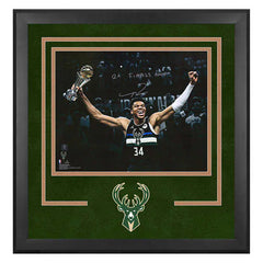 Giannis Antetokounmpo Autographed Deluxe Framed 2021 NBA Finals Trophy Spotlight Photograph with "21 Finals MVP" Inscription - Fanatics Authenticated