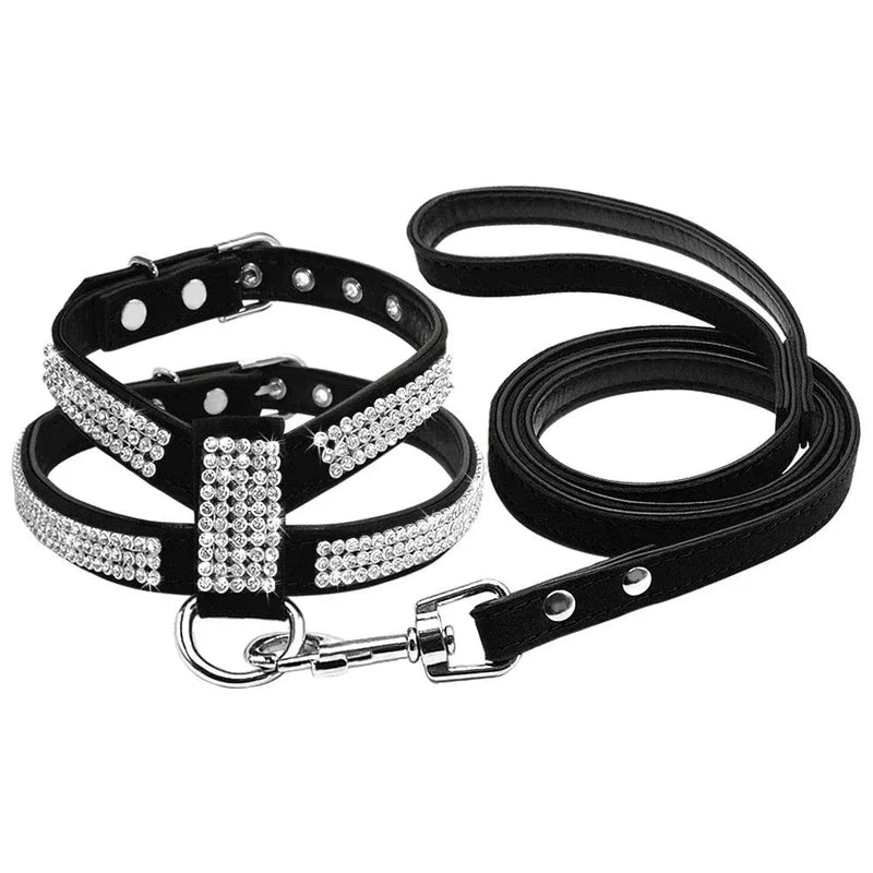 Rhinestone Leather Pet Harness & Leash Set