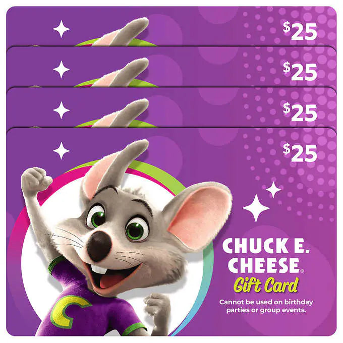 Chuck E. Cheese Four Restaurant $25 E-Gift Cards ($100 Value)