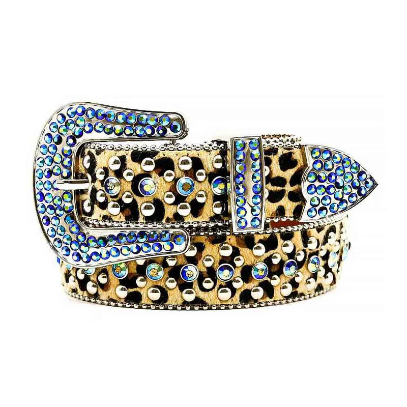 Brown Printed Strap Belt Studded With Blue Rhinestones