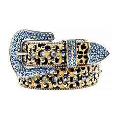 Brown Printed Strap Belt Studded With Blue Rhinestones