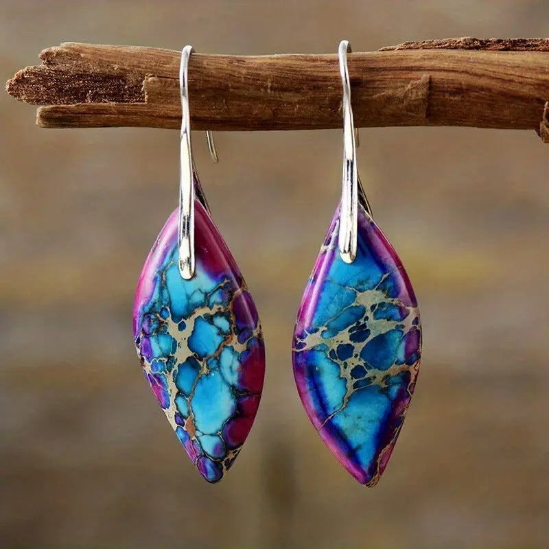 Emperor Stone Bohemian Style Natural Royal Stone Leaf Pendant Earrings